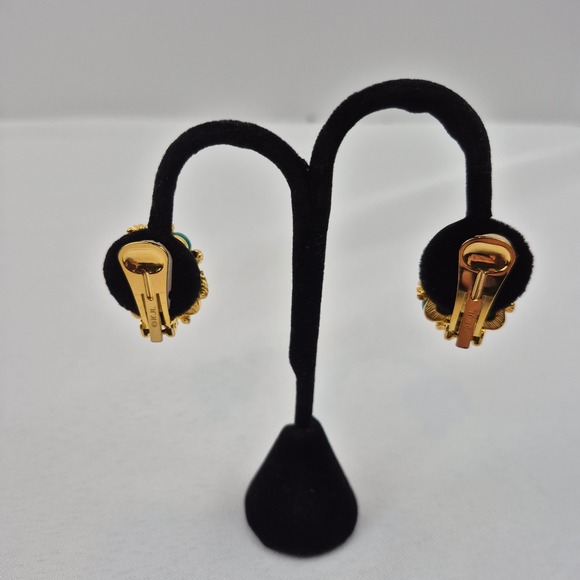 Signed KJL Kenneth Jay Lane Teal Quilted Enamel Clip On Earrings Gold Rope VTG - Picture 4 of 7